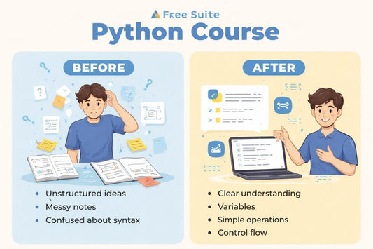Before and after comparison of a person learning Python with text and icons on a blue and yellow background.