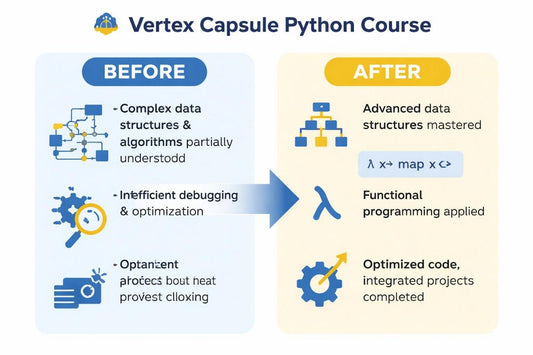 Before and after comparison of a Vertex Capsule Python Course with improvements in data structures, debugging, and code optimization.