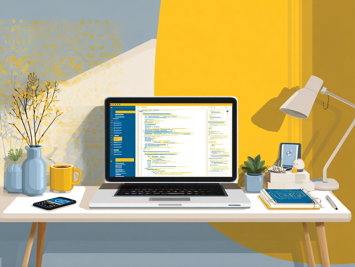 Laptop on a desk with a yellow wall and lamp in the background