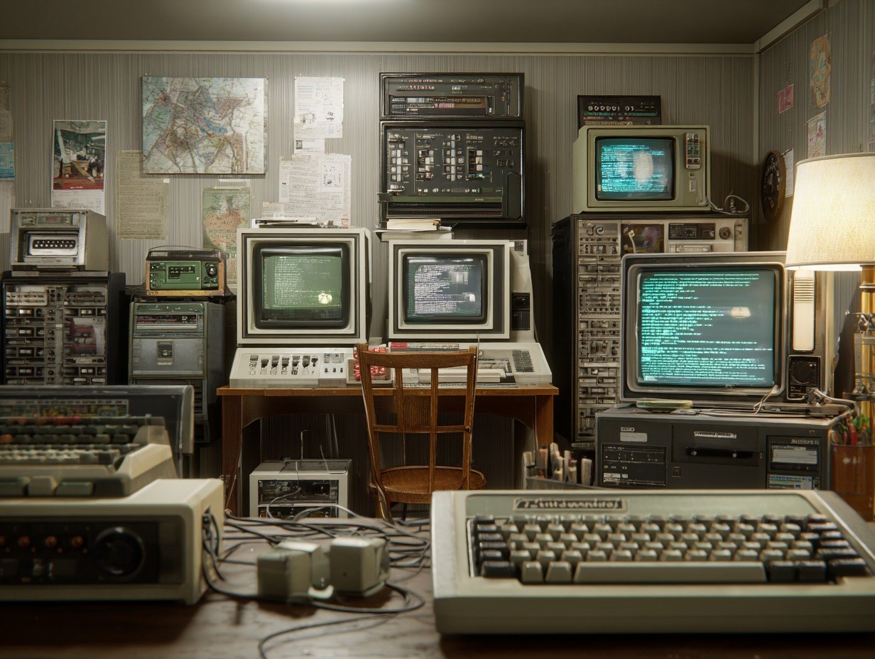 Vintage computer equipment and monitors in a room with posters on the wall.