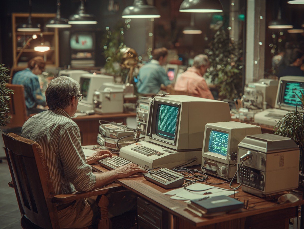 Person working at a desk with multiple vintage computers in a room filled with other people and technology.