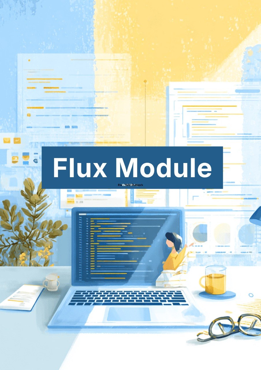 Flux Module book cover with a laptop, coffee cup, and plant on a desk