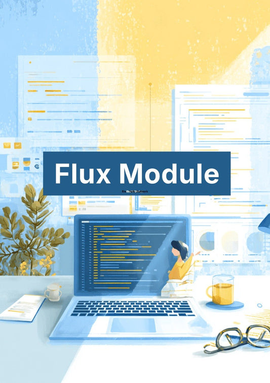 Flux Module book cover with a laptop, coffee cup, and plant on a desk