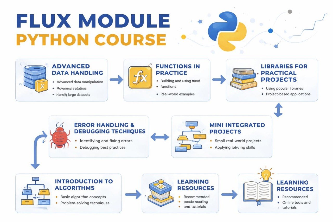 Flux Module Python Course outline with various topics and features.