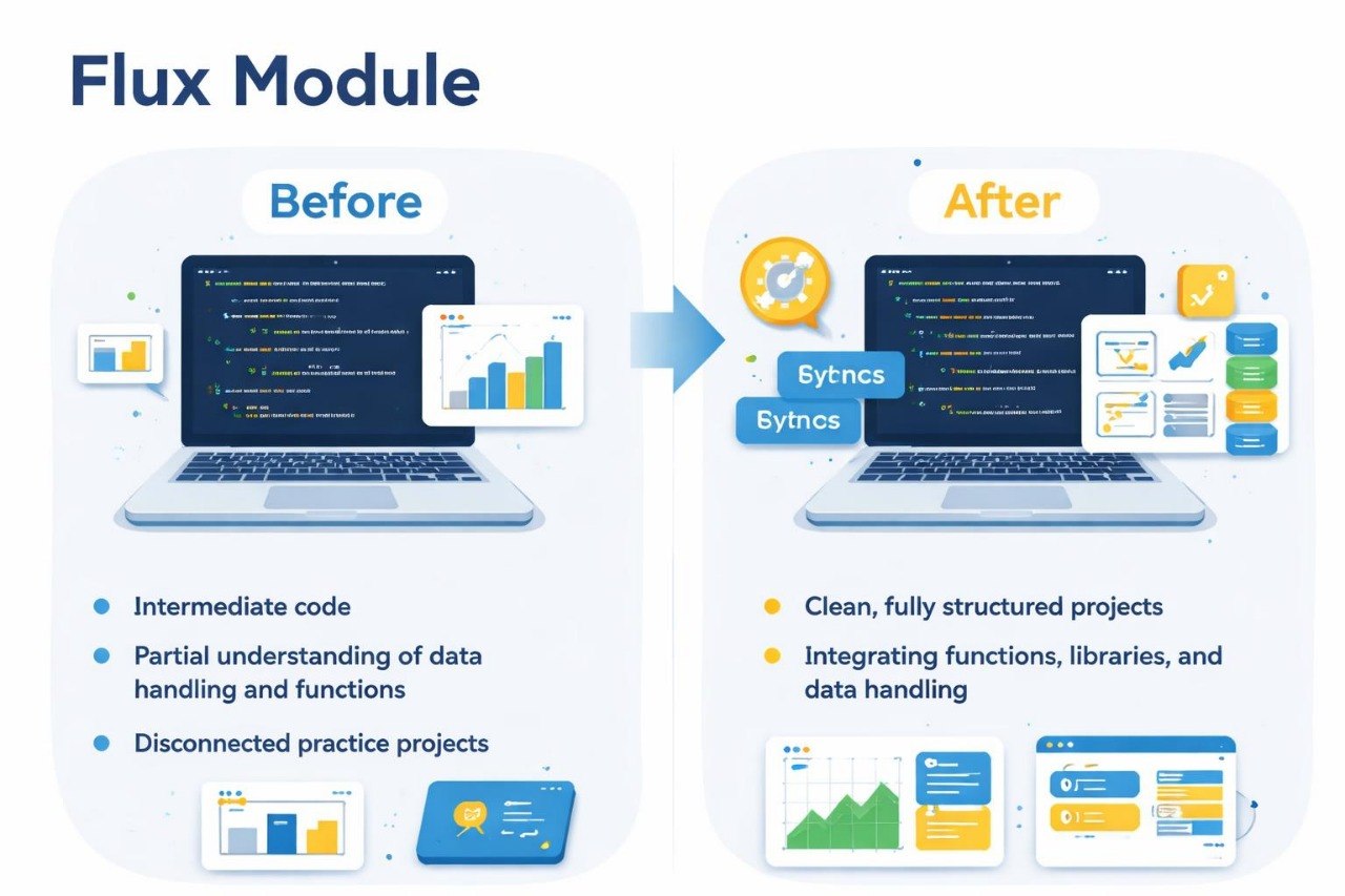 Comparison of 'Before' and 'After' with Flux Module improvement on a laptop screen.