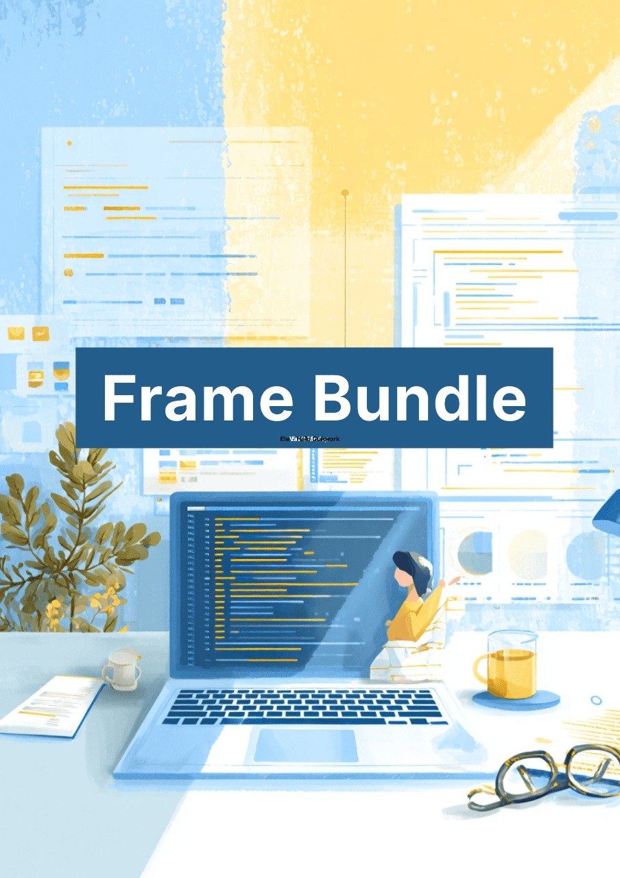 Illustration of a person working on a laptop with text 'Frame Bundle' above.