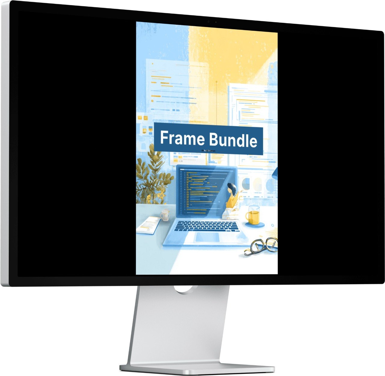 Computer monitor displaying a 'Frame Bundle' product on a white background