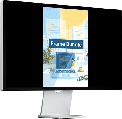 Computer monitor displaying a 'Frame Bundle' product on a white background
