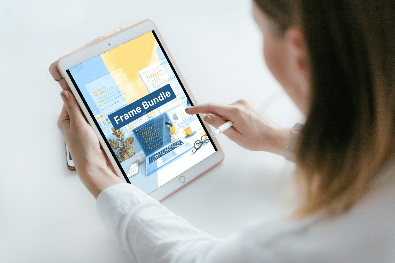 Person using a tablet with a shopping app on a white surface