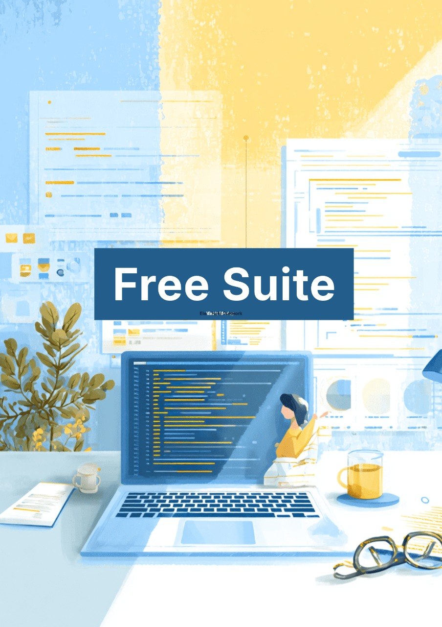 Illustration of a person working on a laptop with 'Free Suite' text on a colorful background