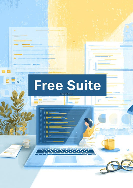 Illustration of a person working on a laptop with 'Free Suite' text on a colorful background