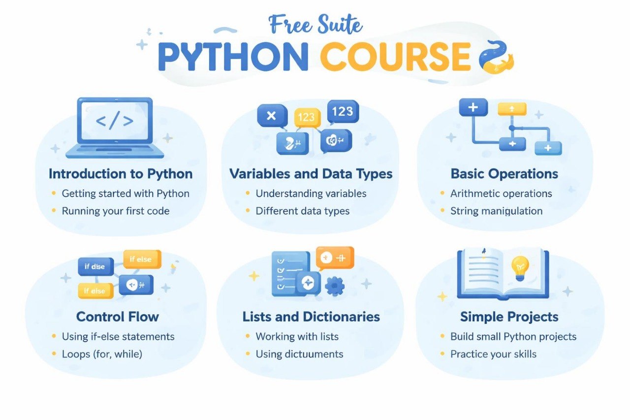 Free Python course outline with icons and text on a light blue background