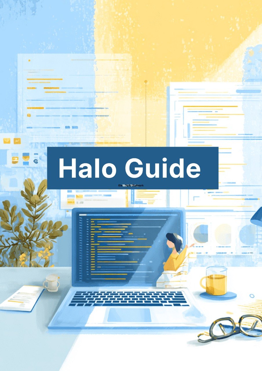 Book cover of 'Halo Guide' with a laptop, coffee cup, and plant on a blue background