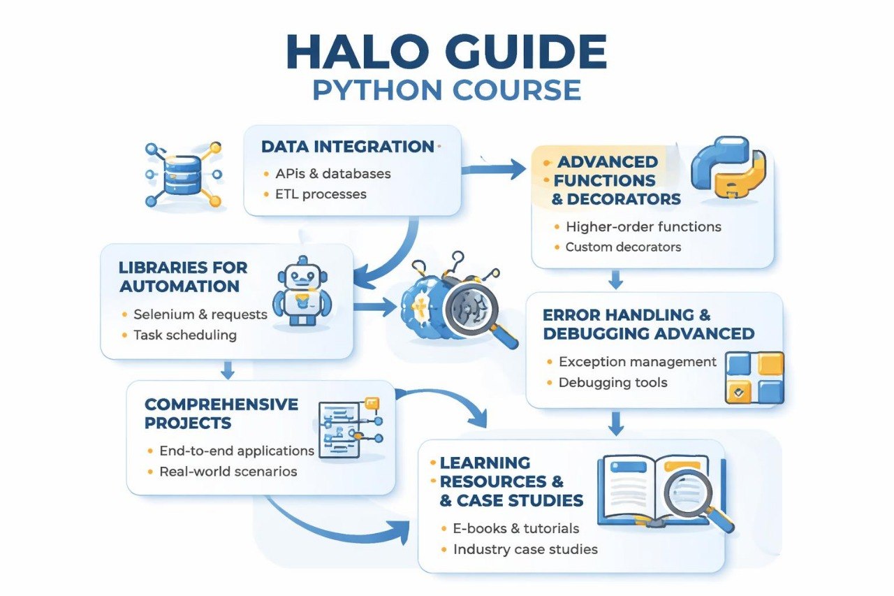 Halo Guide Python Course flowchart with various topics and their relationships.