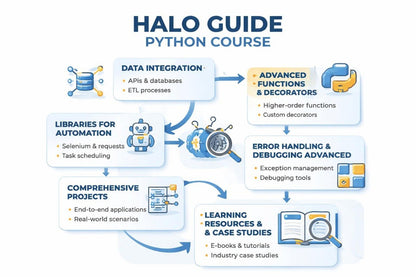 Halo Guide Python Course flowchart with various topics and their relationships.