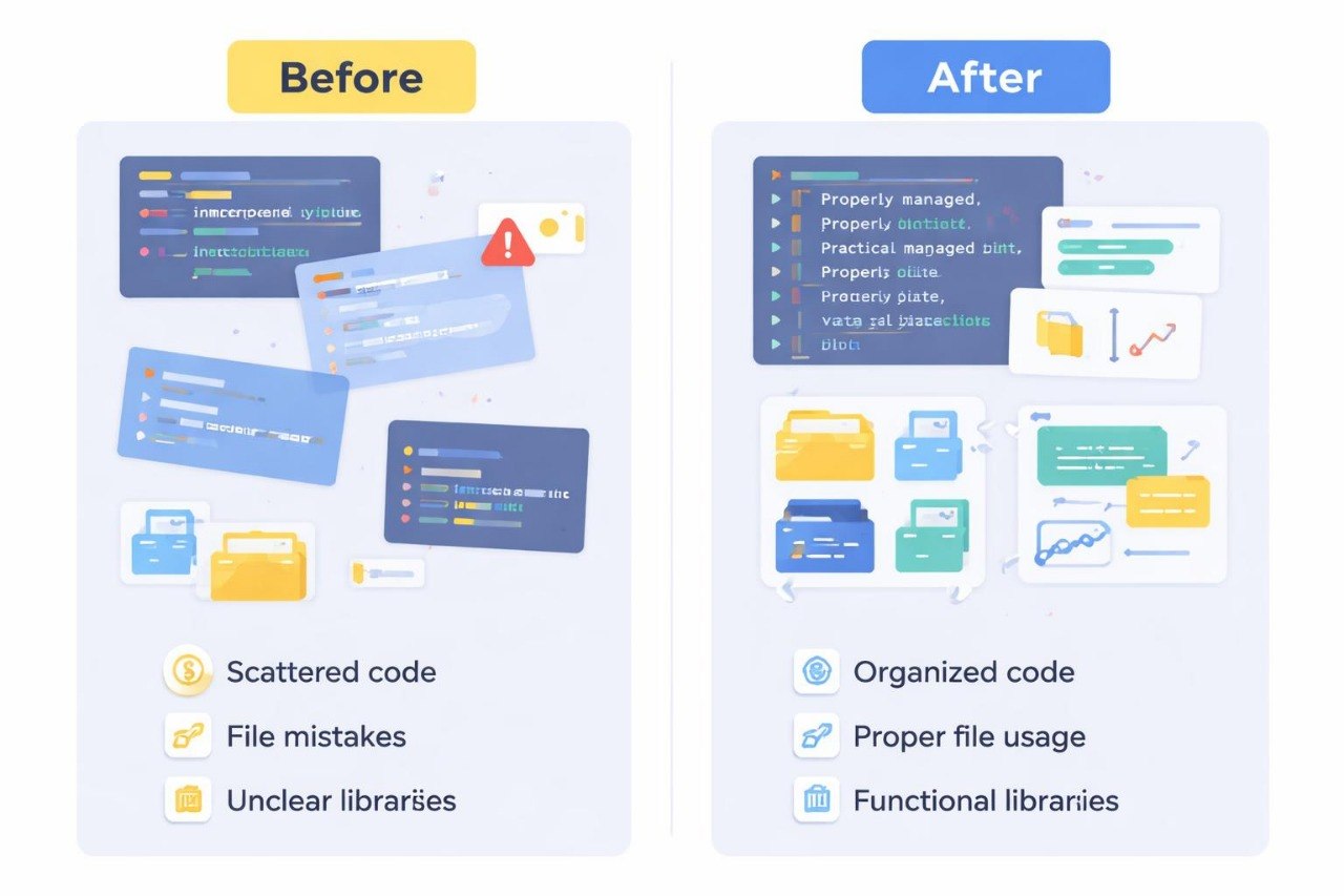 Comparison of scattered code and organized code with file mistakes and proper file usage on a white background.