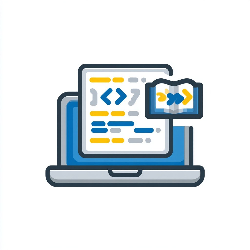 Icon of a laptop with code and book on screen, symbolizing coding or learning.