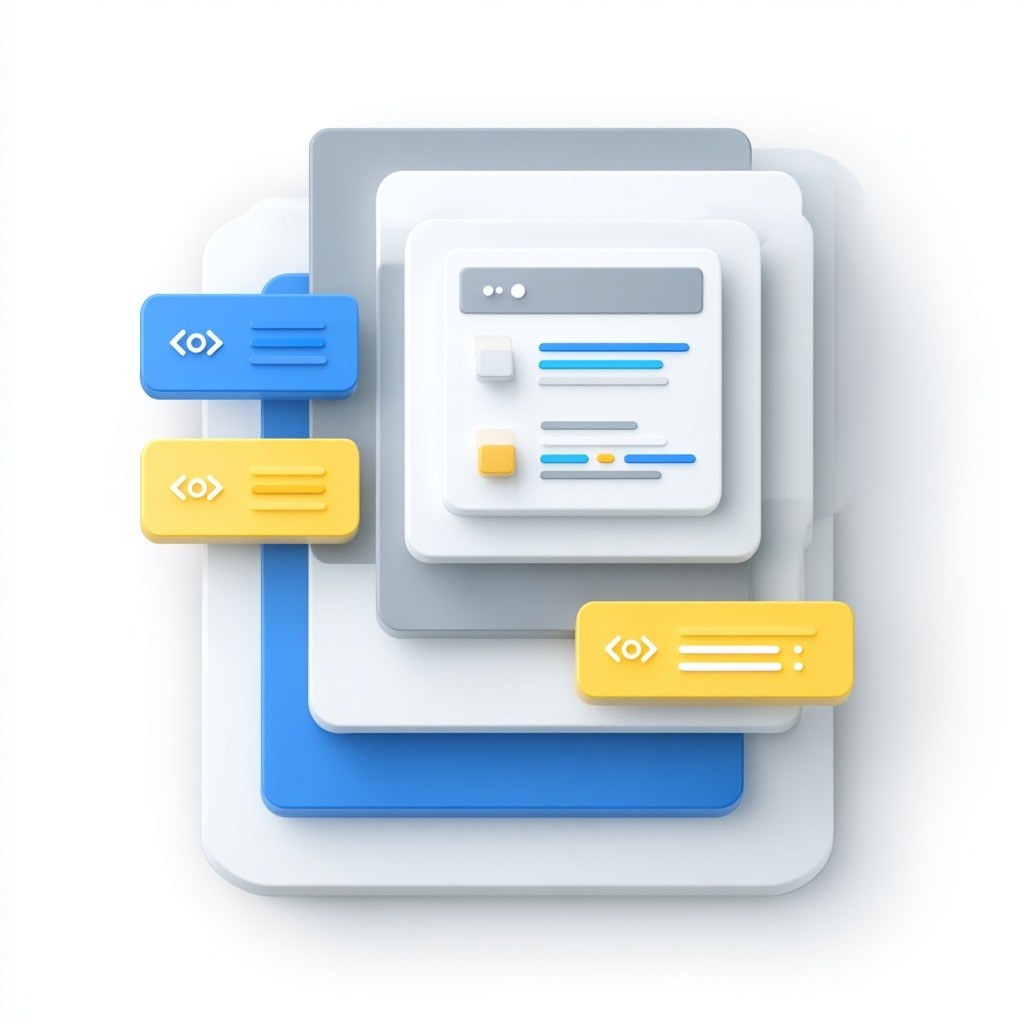 Stack of layered cards with icons on a white background