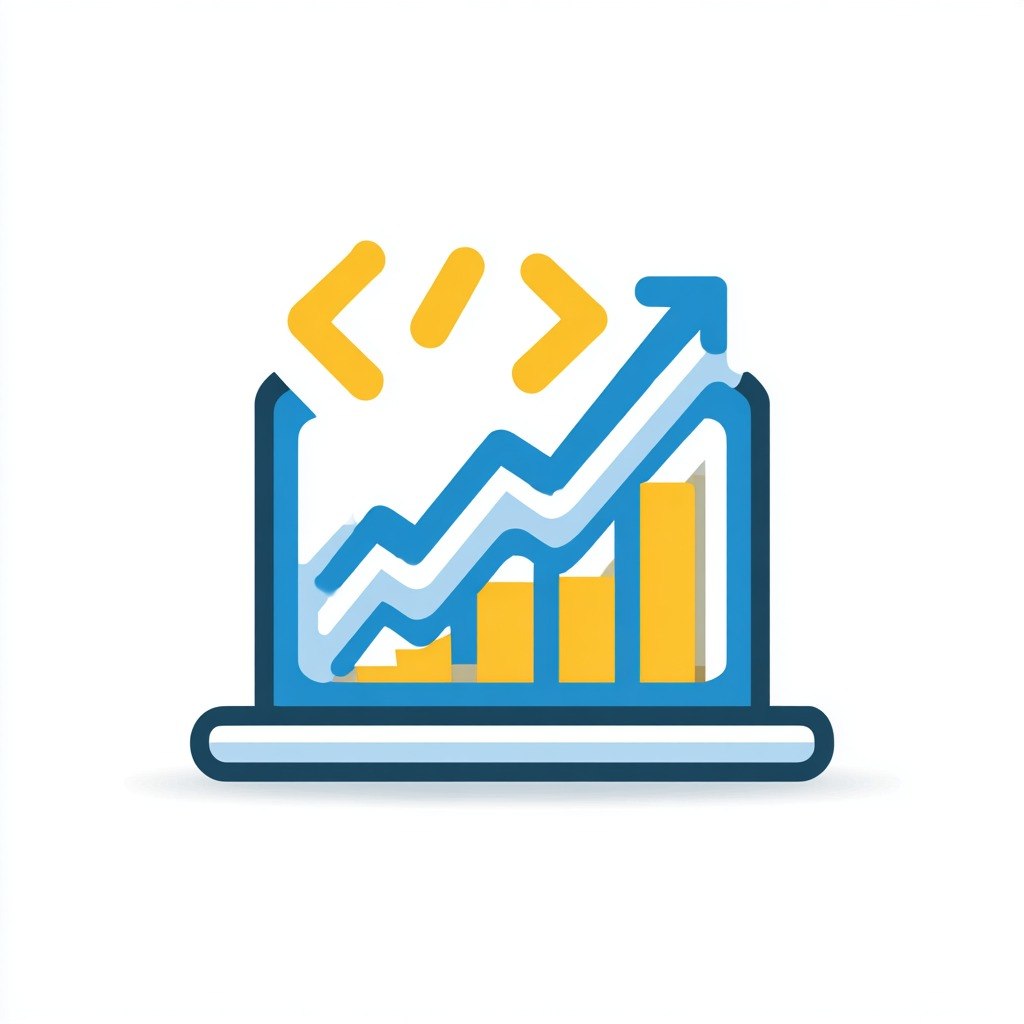 Icon of a laptop with a bar graph and arrows on a white background