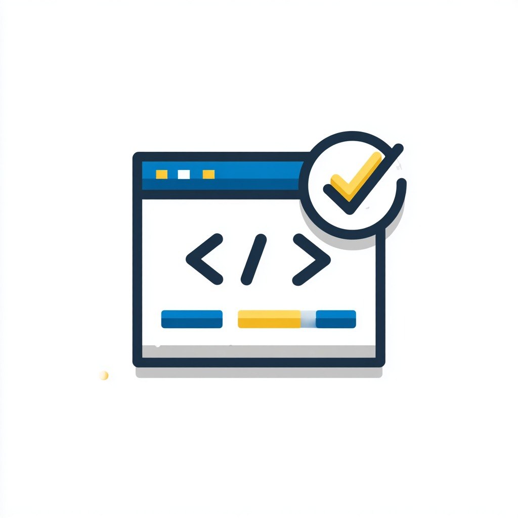 Icon of a web browser with code and a check mark on a white background
