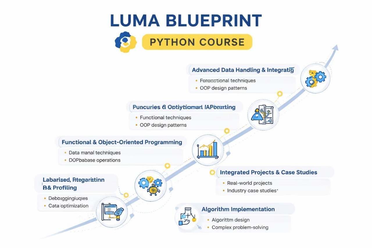 LUMA Blueprint Python Course outline with icons and text on a white background