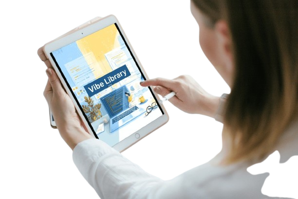 Person using a tablet with 'Vibe Library' displayed on the screen