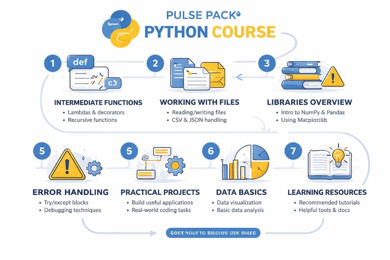 Pulse Pack Python Course outline with various topics and their descriptions on a white background.