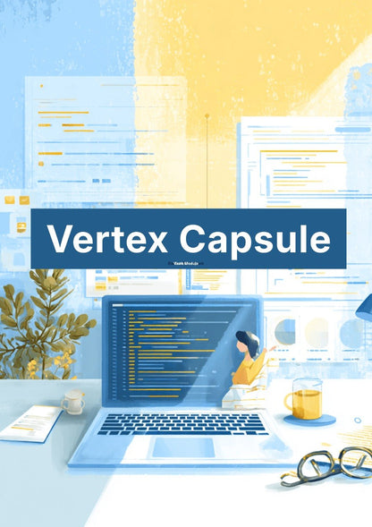 Book cover of 'Vertex Capsule' with a laptop, coffee cup, and plant on a desk.