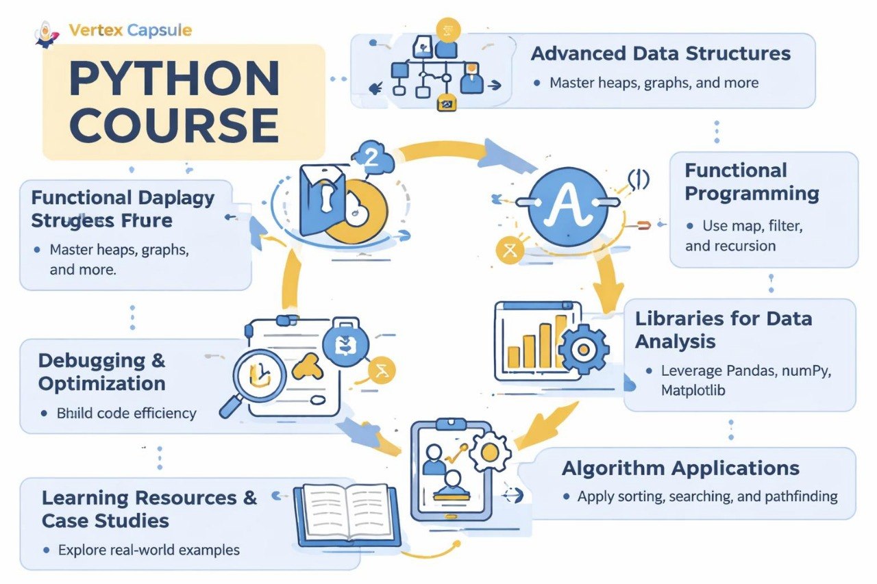 Python course outline with various topics and their descriptions on a blue background.