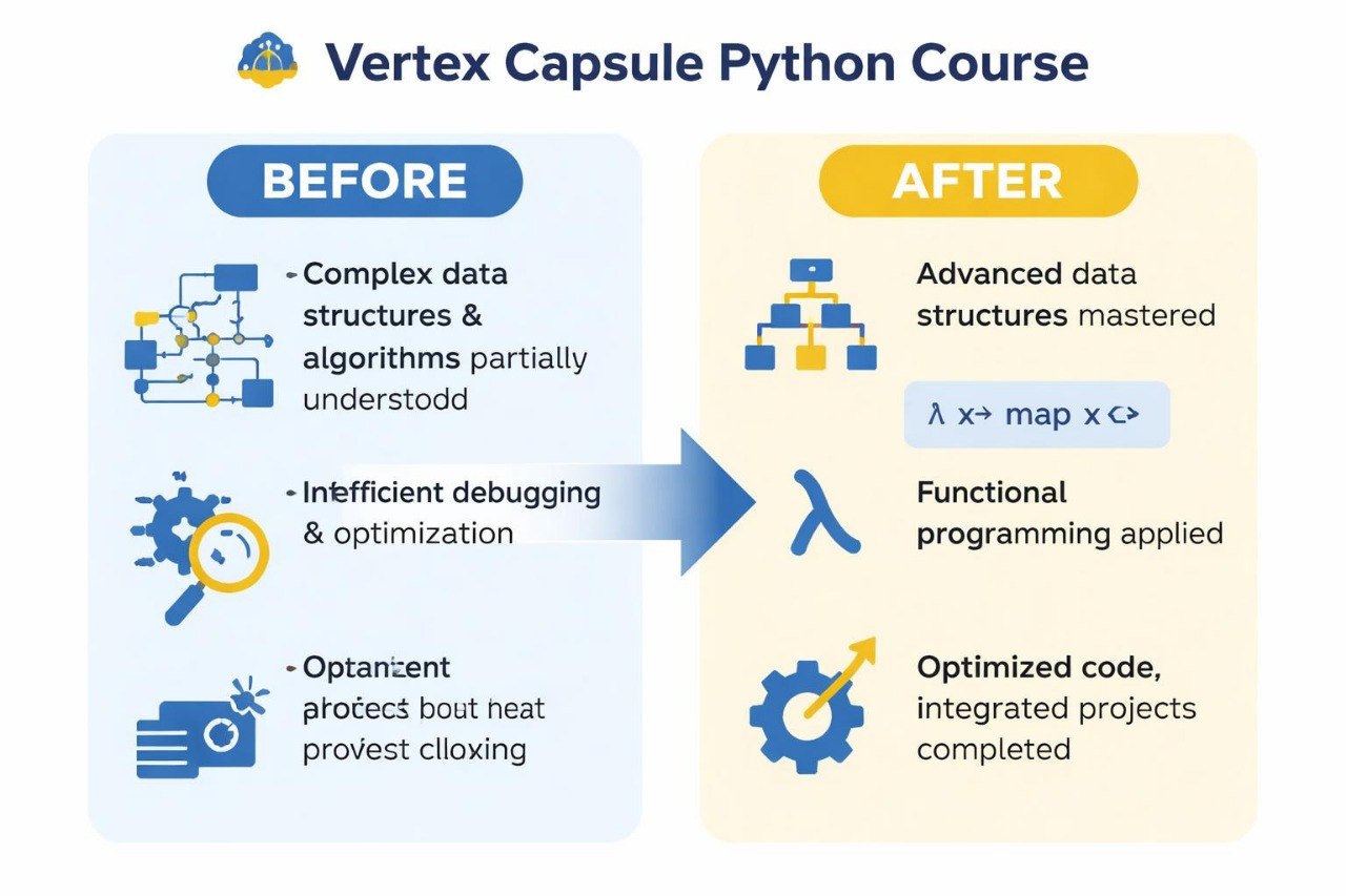 Before and after comparison of a Vertex Capsule Python Course with improvements in data structures, debugging, and code optimization.