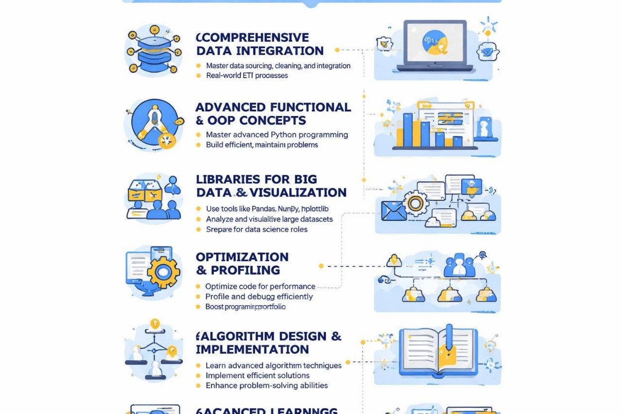 Educational infographic on data integration, functional programming, big data libraries, optimization, and algorithm design.